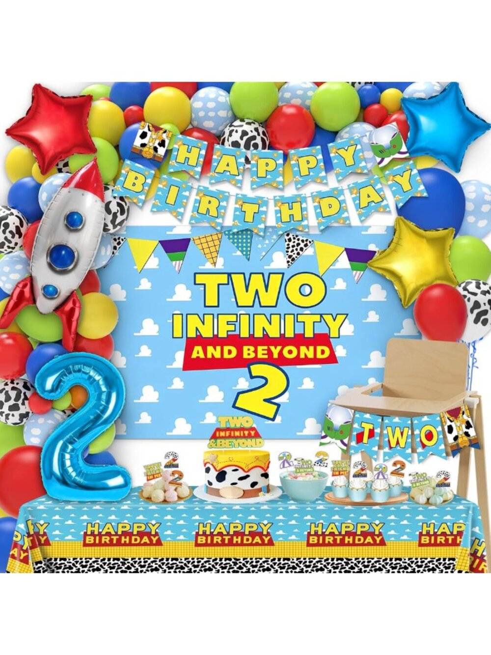 Toy-Inspired 2nd Birthday Party Decorations - 105 Pcs Banner, Balloons, Backdrop